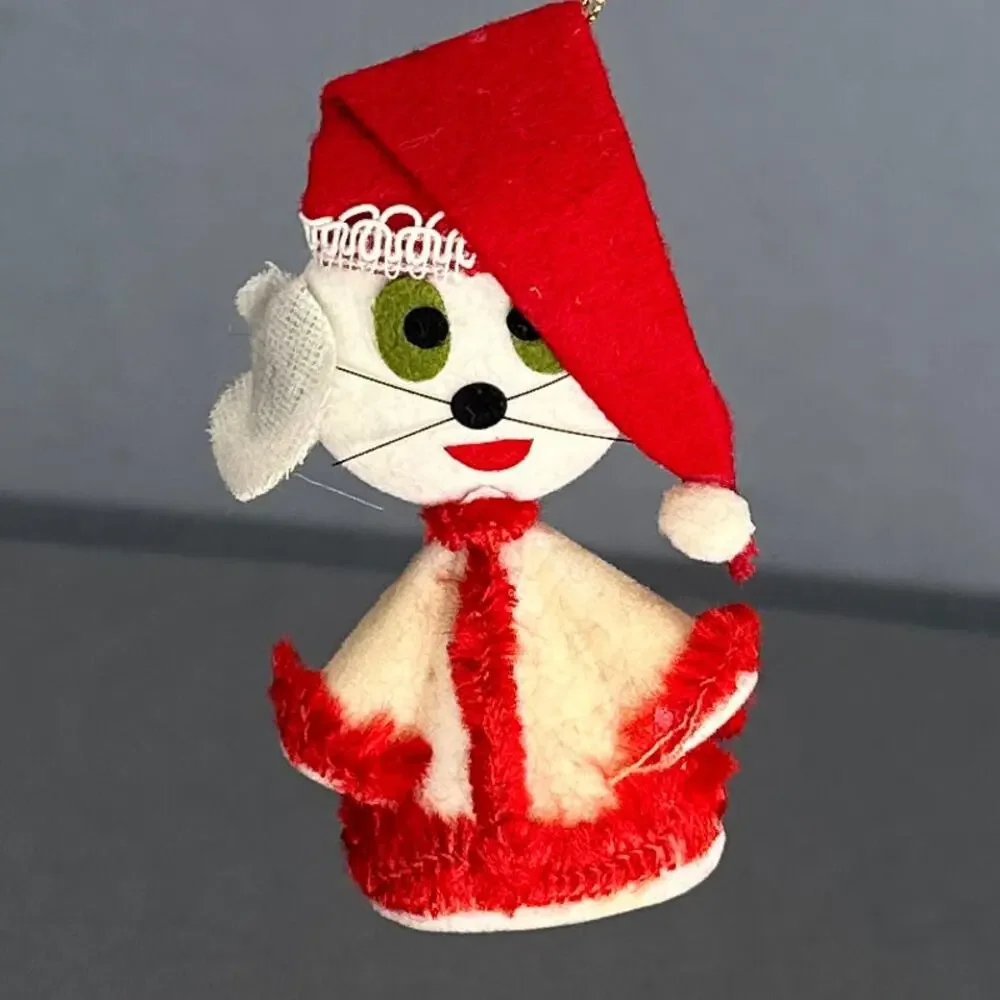 10 VTG 1950s Flocked Felt Christmas Ornaments Mice Cat Snowmen Santa MCM Kitschy
